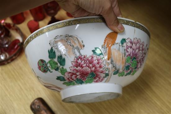 A Chinese Qianlong period famille rose punch bowl and four other Qianlong period porcelain bowls diameter 38.8cm